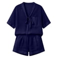 thumbnail image 5 of Bovxnpu Women 2 Piece Loungewear Set Beach Vacation Sweatsuit Tracksuit Set Women's Fashion Casual Short Sleeve Top Pocket Cotton Linen Shorts Outfits Set Summer Outfits, 5 of 9