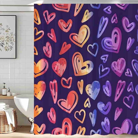 70x70 inch Purple Colorful Abstract Hearts Shower Curtain, Waterproof Polyester Fabric with Hooks for Bathroom Decor