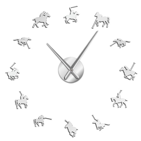Riding Silhouette Frameless Wall Clock Stickers, DIY Modern Decorative Clocks for Living Room, Bedroom, Office - Easy to Install, Large 3D Clock Design (Silver,37in)