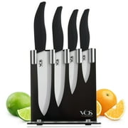 Vos Ceramic Knives Set with Stand, Chefs, Utility, Paring and Multi-purpose Black Handle Knives, Gift Box