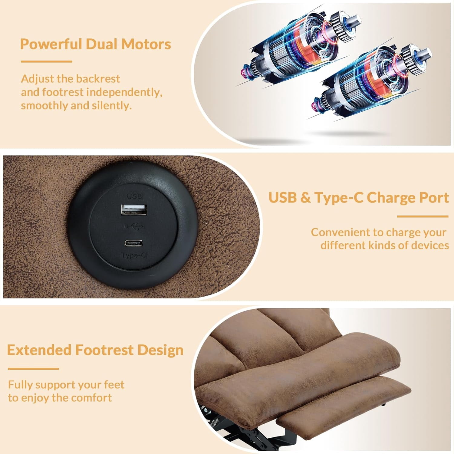 Oversized Dual Motor Power Lift Recliner for Elderly, Extended Footrest, Large Infinite Position Lay Flat Chair for Living Room with Massage & Heat, Lumbar Pillow, USB & Type-C Ports, Brown