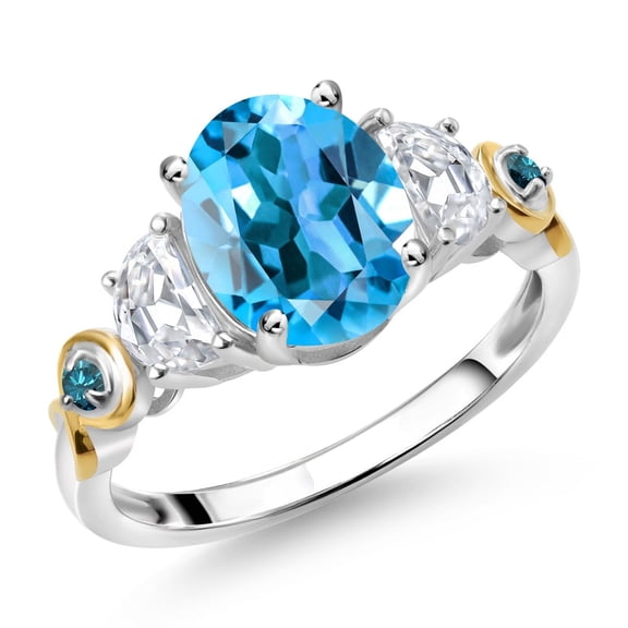 Gem Stone King 925 Silver and 10K Yellow Gold 3-Stone Ring Oval Swiss Blue Topaz and Moissanite (2.76 Cttw, Size 5)