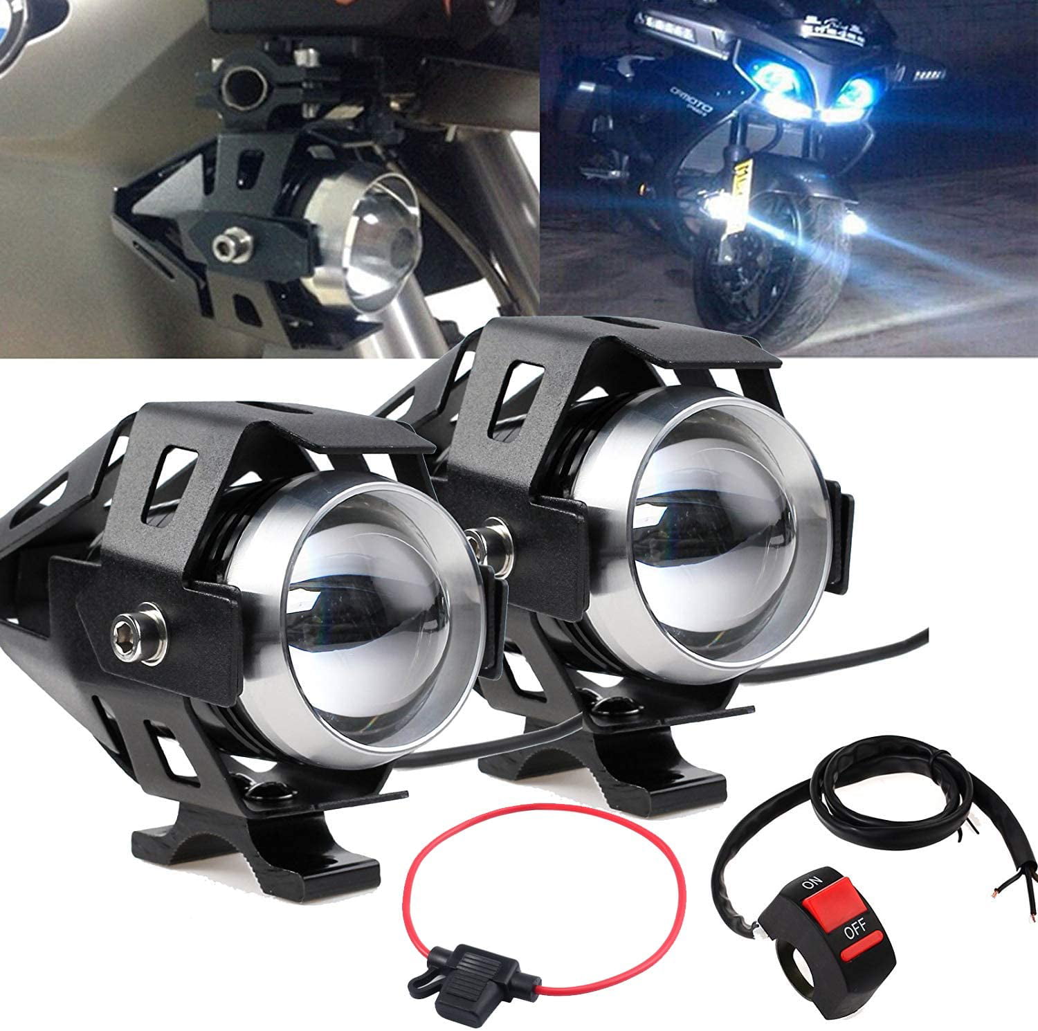 Motorcycle Headlights,Biqing Motorbike Spot Driving Lights CREE U5 Motorcycle Front Spotlights Additional Fog Lights DRL 125W 3000LM with Switch for Motorcycle Quad Scooter Car Truck Boat Bike White 