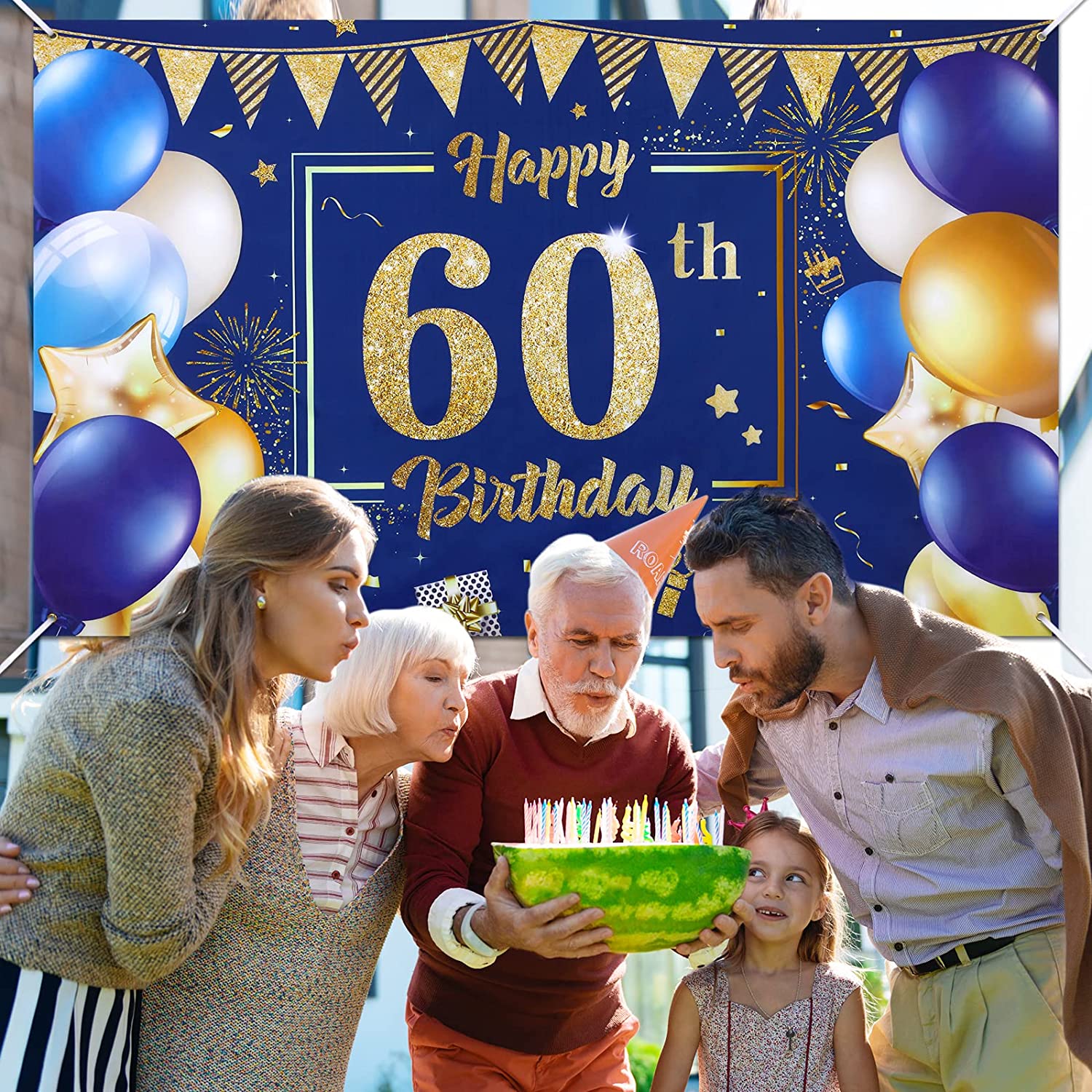 New Happy 60Th Birthday Banner Decorations For Men, Blue Gold 60 Birthday