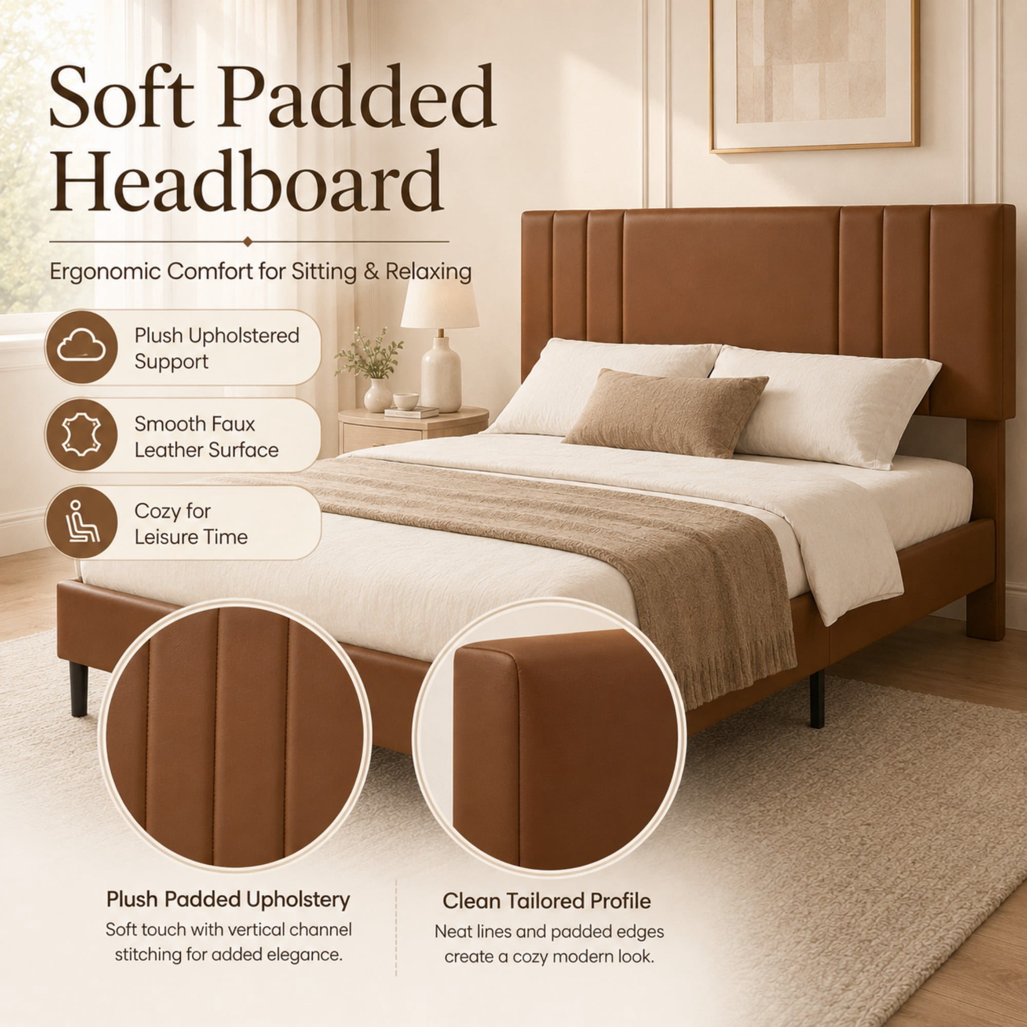 BSHTI Queen Size Faux Leather Upholstered Platform Bed Frame with Adjustable Headboard, Wood Slats, No Box Spring Needed for Bedroom（Brown）