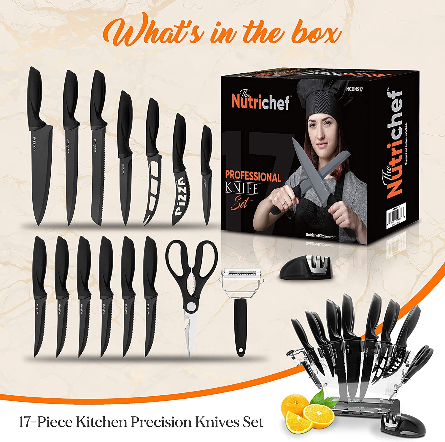 NutriChef 17-Piece Kitchen Precision Knives Set - Versatile Stainless Steel Knife Set with Blockstand , Ideal for Cutting, Slicing, Chopping, and Dicing