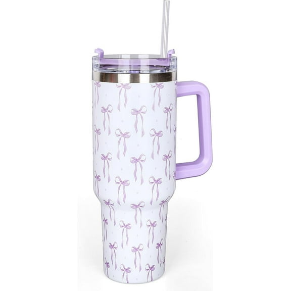 40oz Purple Bow Tumbler with Handle Straw and Lid Bow-Knot Travel Coffee Tumbler Cup for Women Friend Holiday Birthday