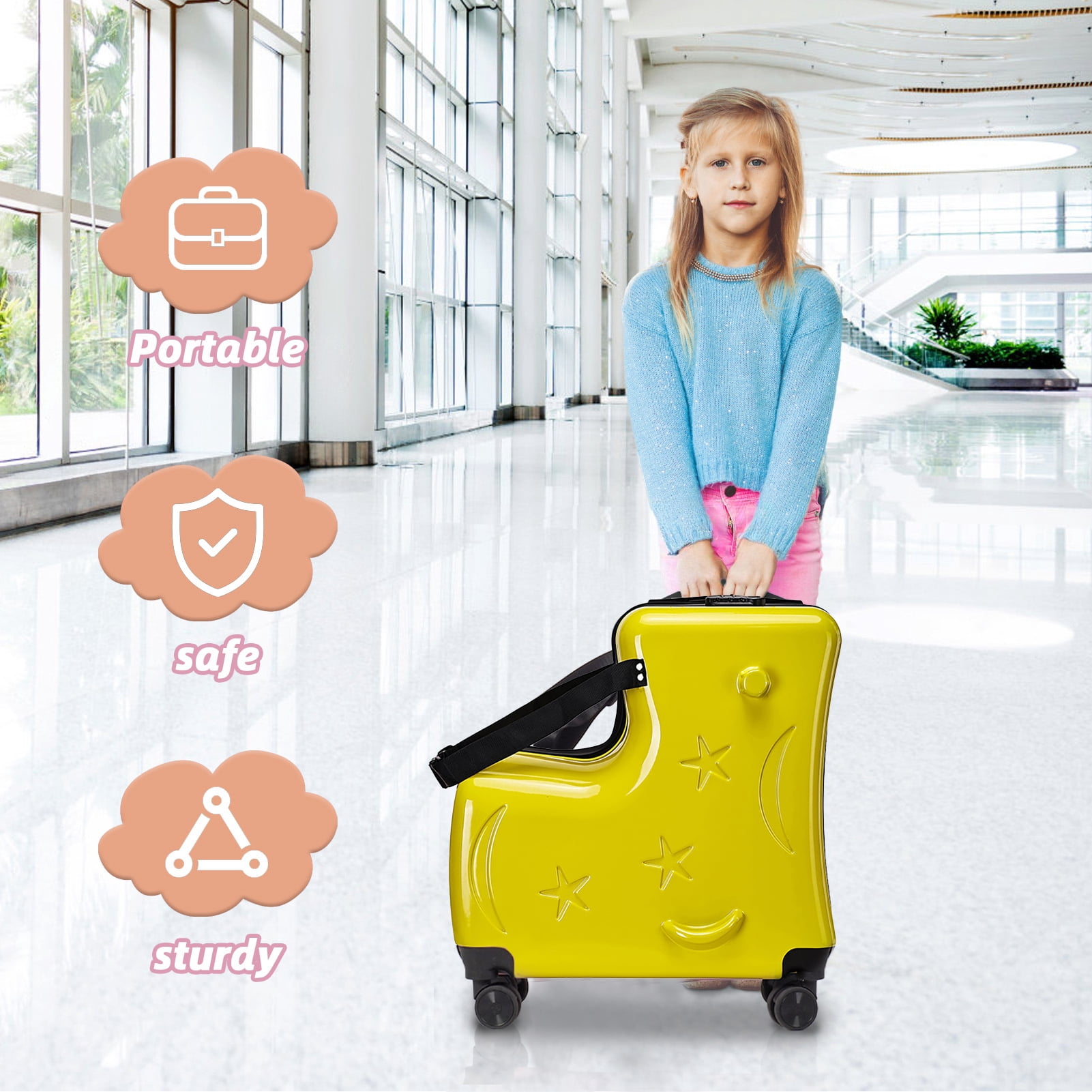 Suhire Kids Carry-On Luggage with Seat, 20 Inch Children Travel Suitcase with Wheels and Safety Belt, Impact Resistant Rolling Suitcase