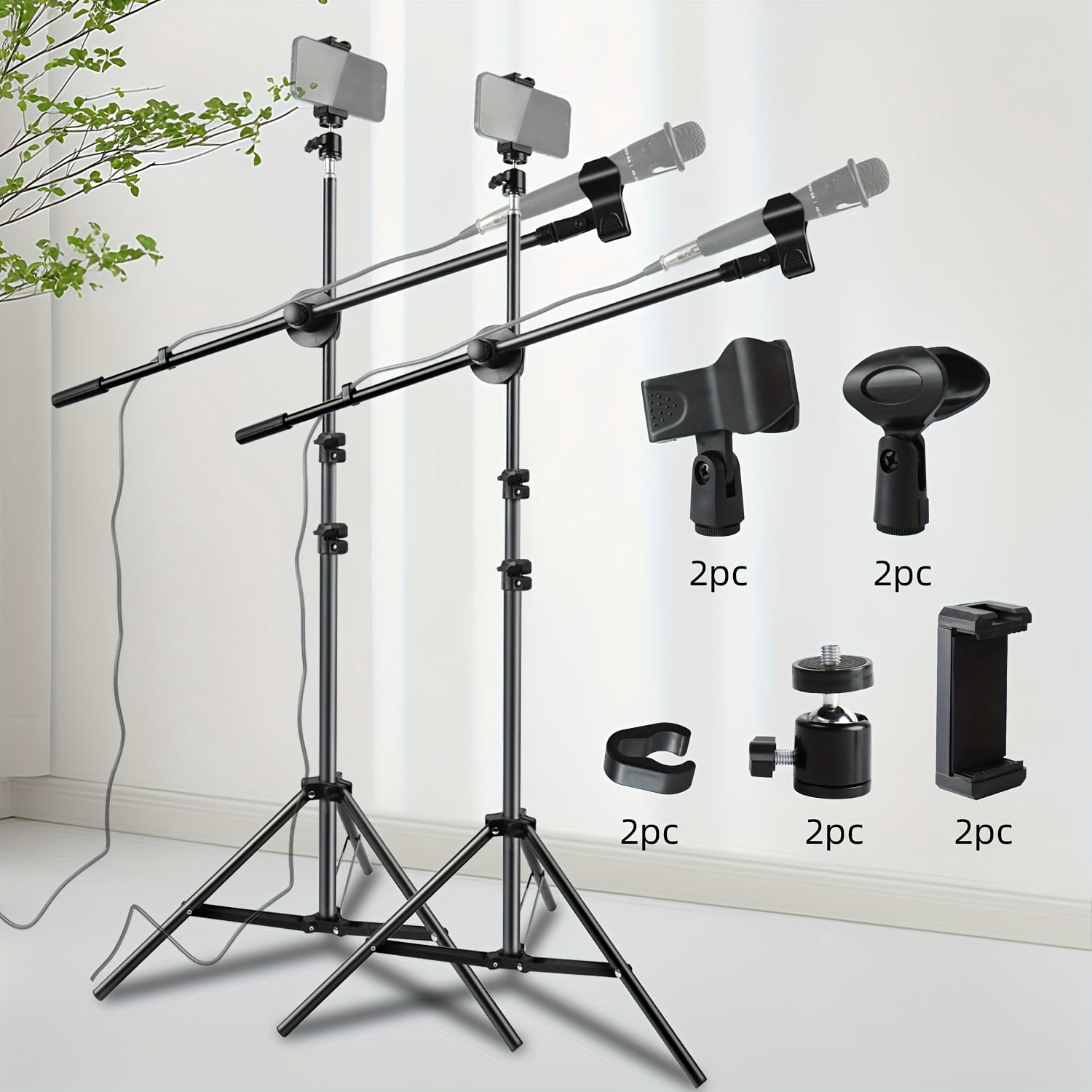 Adjustable Tripod Mic Stand with Boom Arm, Dual Mic Clips & Phone Holder for Live Performances, Stage, Studio, Christmas Gifts