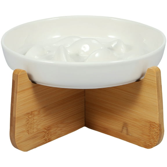 NUAHRHY Raised Cat Bowl Elevated Cat Bowls with Wood Stand Ceramic Raised Cat Slow Feeder Bowl 6.4×1.14 Inch Cat Feeding Bowl Anti Vomiting Cat Food Bowl Non-Slip Slow Eating Cat Bowl Cat Dish Feeder