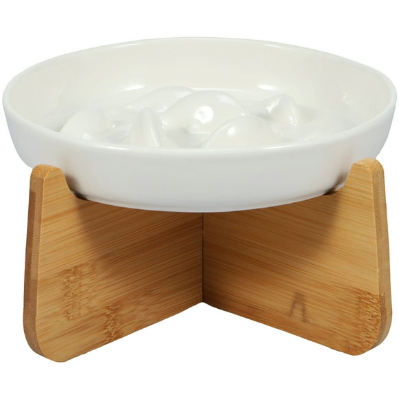 NUAHRHY Raised Cat Bowl Elevated Cat Bowls with Wood Stand Ceramic Raised Cat Slow Feeder Bowl 6.4×1.14 Inch Cat Feeding Bowl Anti Vomiting Cat Food Bowl Non-Slip Slow Eating Cat Bowl Cat Dish Feeder