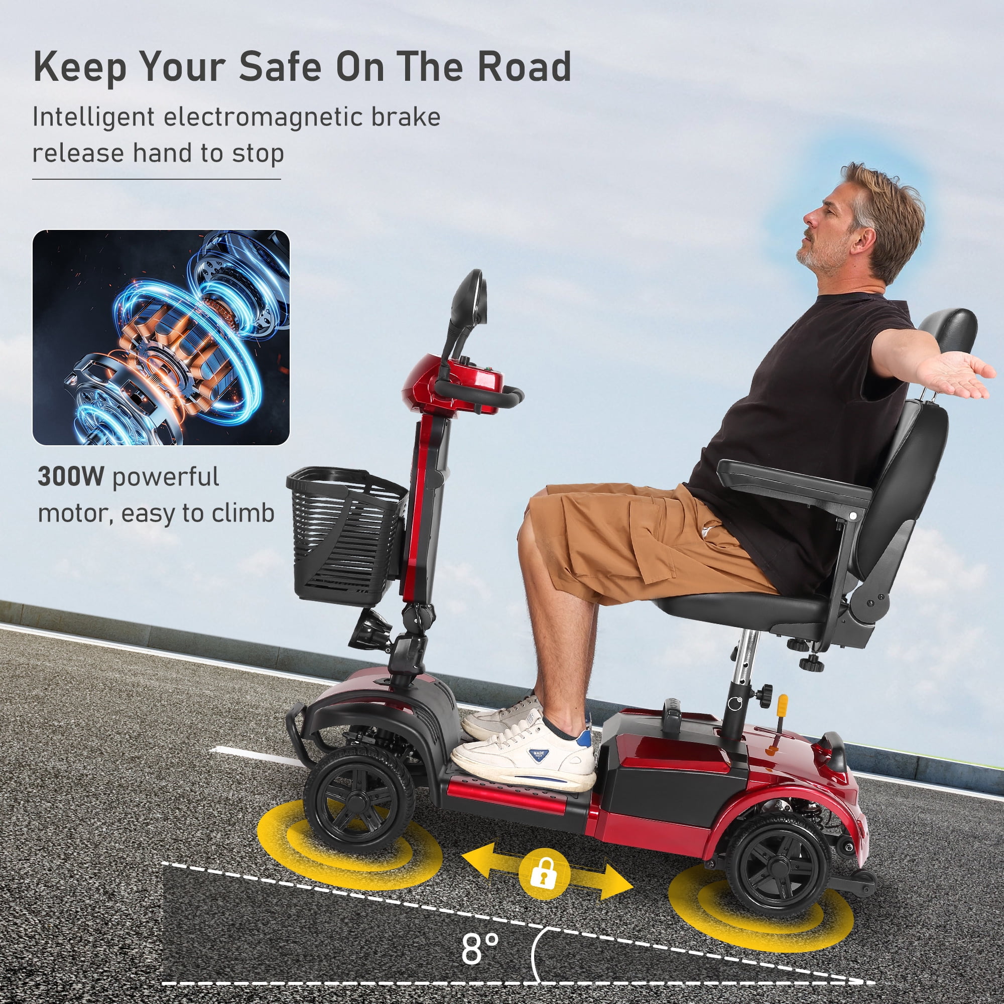 MaxKare 4-Wheel Mobility Scooter for Seniors, Heightened Thickened Seat with Pillow, Foldable Powered Mobile Wheelchair with Light & Basket for Travel, 330lbs, Red