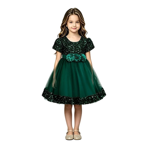 EnJoCho Girls Sequin Dress Puff Short Sleeve 3D Flower Waist Tulle Formal Gown For Little Girls Toddler Wedding Birthday Party Holiday Princess Dress