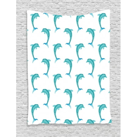 Ocean Themed Wall Decor Sea Animals Tapestry, Aqua Watercolor Artwork Dolphin Figures Ocean Playful Marine Underwater Theme, Wall Hanging for Bedroom Living Room Dorm Decor, Aqua White, by Ambesonne ()
