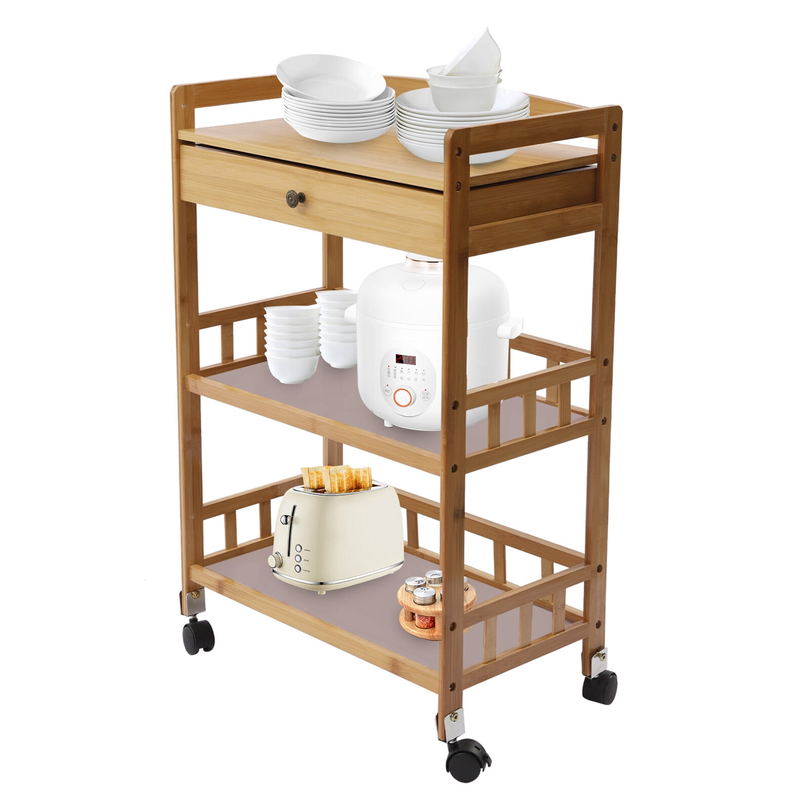 3 Tier Bamboo Kitchen Serving Cart, Rolling Kitchen Island Cart with Storage Drawer, Universal Lockable Casters, Anti-Slip Nets, Food Prepping Cart for Home Dining Room Hotel