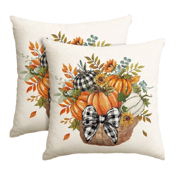 Sm:)e Sunflower Bow Maple Leaves Pumpkin Fall Pillow Covers 18x18 Inch Set of 2, Cushion Covers for Sofa Seasonal Home Decor