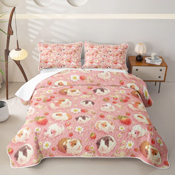 Erosebridal Cute Guinea Pig Animal Twin Quilt Set for Girls, Strawberry Daisy Flower Twin Coverlet Set, 2 Pieces