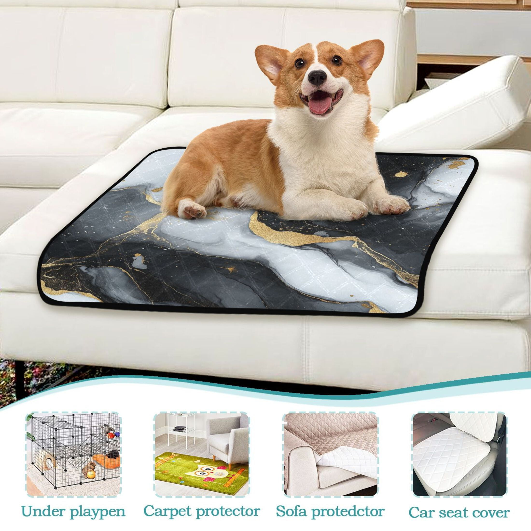 Qxltty Black Gilt Marble Cat litter Pads Pet Set of 3 Diaper Mats Center Anti-leakage Layer Absorbent Soft and Comfortable
