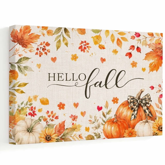 Hello Fall Canvas Wall Art, Autumn Plants Maple Leaf Orange Pumpkin Retro Linen Wall Art Prints Artwork Framed Canvas Ready to Hang Art Pictures for Bathroom Bedroom Entry Desk Corner 10" x 8"