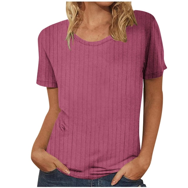Tii.MM Spring Tops for Women 2025 Short Sleeve Casual Blouses Crewneck Knit Ribbed Summer Sweater Tunic Shirts
