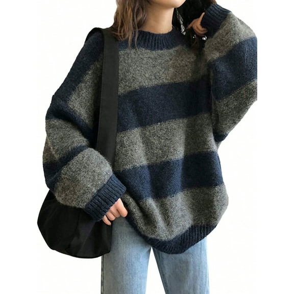 EMMIOL Women's Oversized Stripe Sweater 2026 Spring Y2K Trendy Crewneck Knit Top,Loose Fit Long Sleeve Pullover