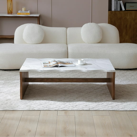 FFZ 47.24" Whisper of Waves Modern Coffee Table, White Faux Marble Table Top w/ Solid Wood Veneered Base, Organic Shape Accent Table, Cocktail Table for Living Room Apartment Office, Walnut Brown