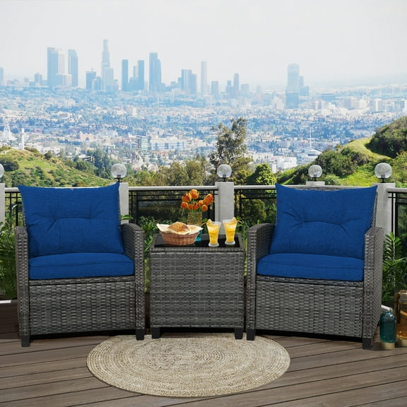 Gymax 3PCS Patio Rattan Sofa Set Outdoor Wicker Conversation Set Glass Tabletop w/ Navy Cushion