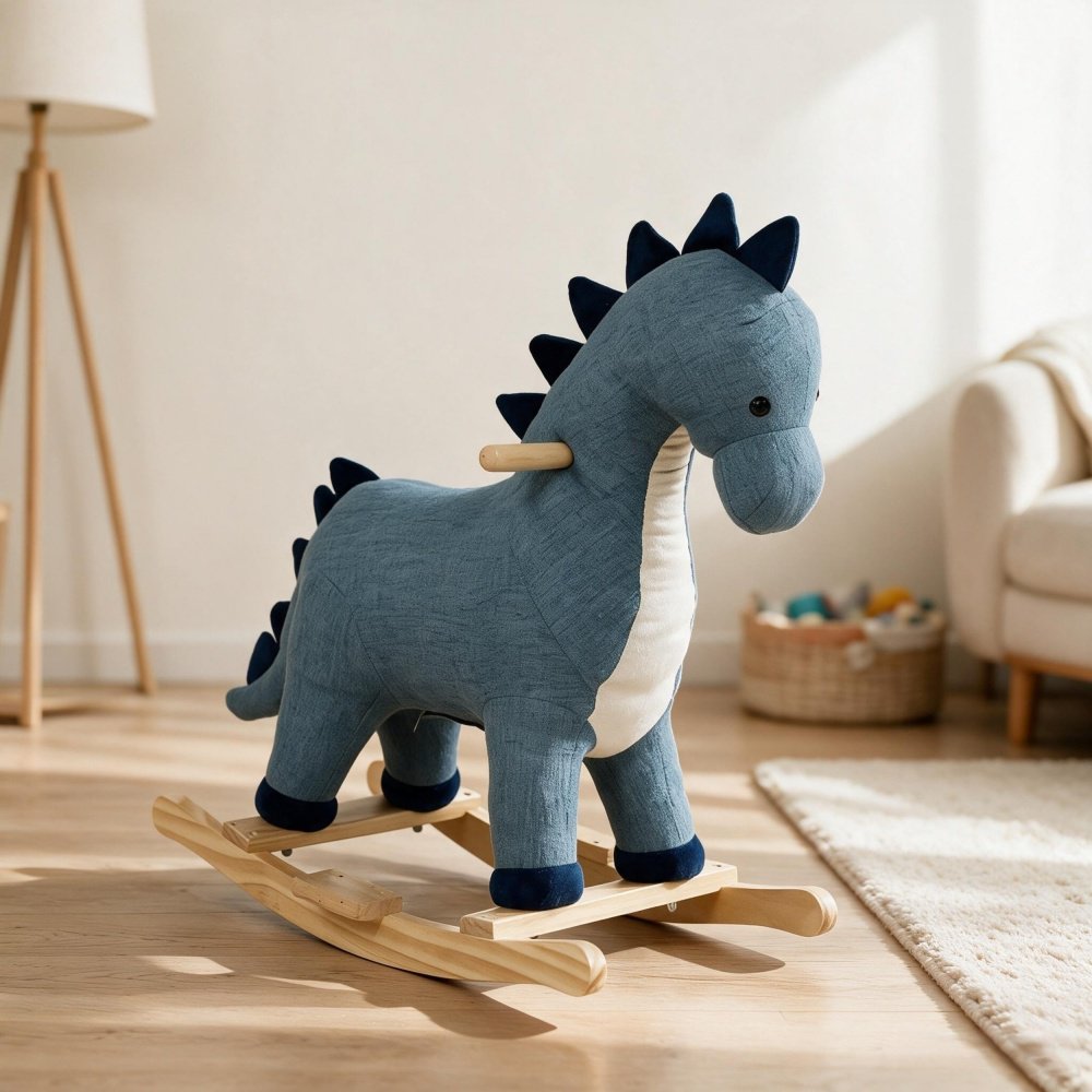 Dark Blue Soft Rocking Dinosaur Toy for Toddlers, Interactive Dino Ride-On with Roar Sound & Footrests, Stable Baby Rocker for Ages 12-36 Months, Nursery Playroom