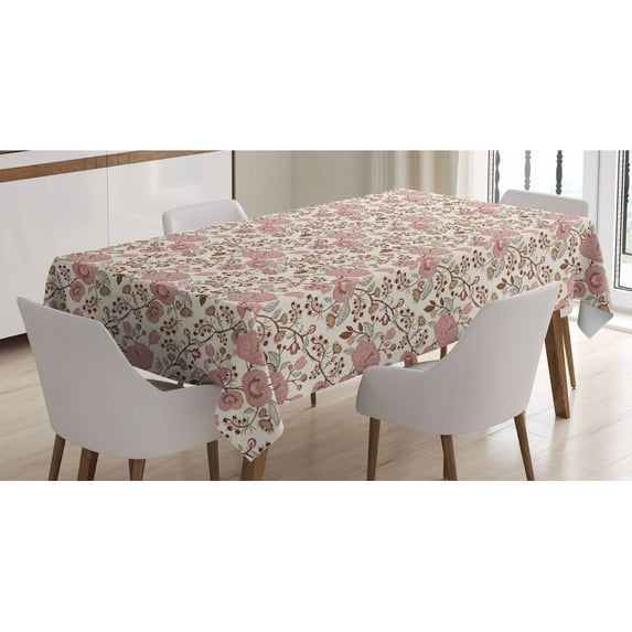 Floral Tablecloth, Detailed Blooming Flowers on Branches Buds Vintage, Rectangle Satin Table Cover Accent for Dining Room and Kitchen, 52" X 70", Eggshell Salmon, by Ambesonne