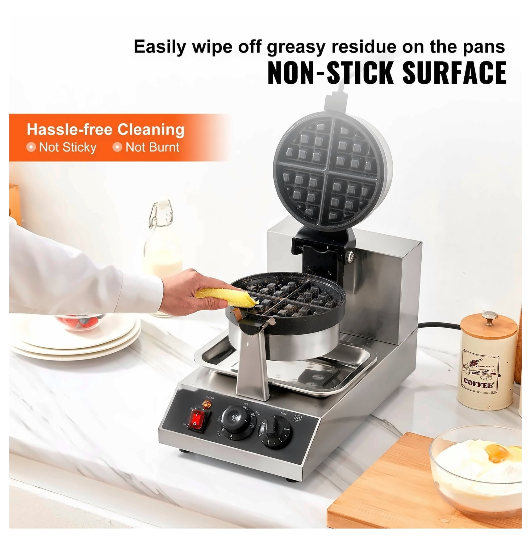 Round Waffle Maker 1300W Non-Stick - Rotatable Waffle Iron Machine 7.5 Inch Baking Plate - Adjustable Temperature 122-572°F - Stainless Steel Commercial Waffle Maker