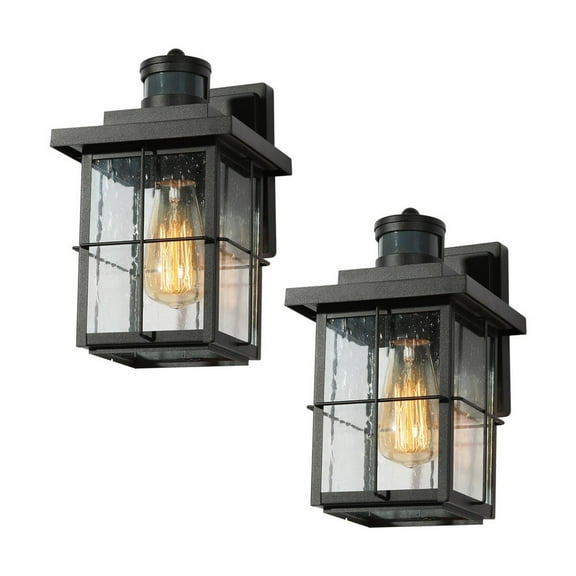 LNC 2-Pack Motion Sensor Outdoor Wall Lanterns, Seeded Glass, Dusk to Dawn, Black, 10.5" H