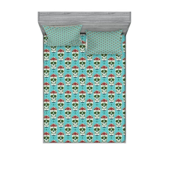 Ambesonne Colorful Fitted Sheet & Pillow Sham Set, Roses on Skull Pattern, Queen, Seafoam Green and Ruby
