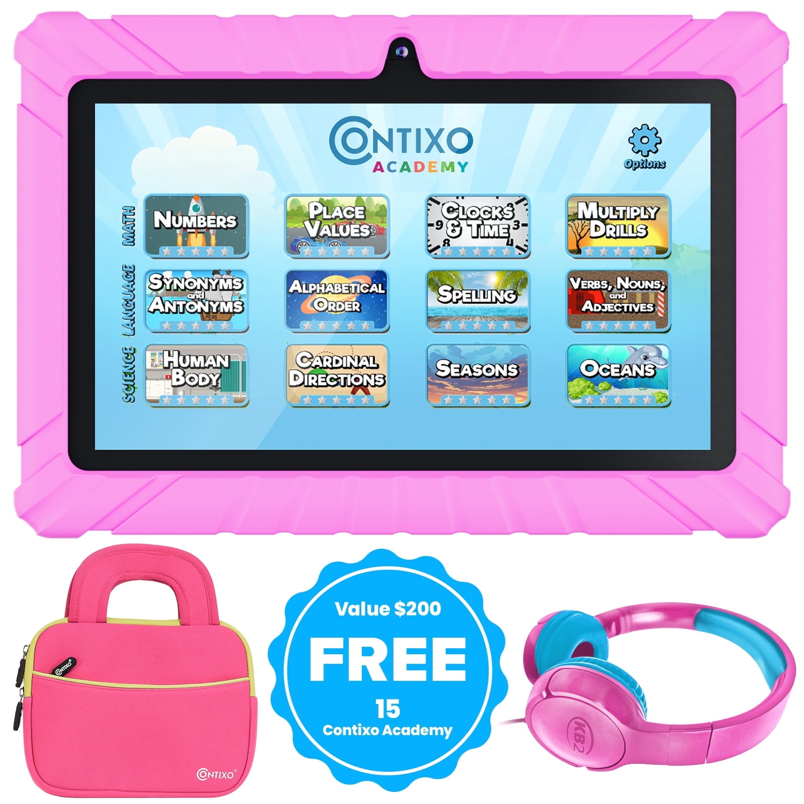 (2 pack) Contixo Kids Tablets Bundle, 7-Inch Android Tablet with Headphones and Sleeve Case, 32GB, Pink