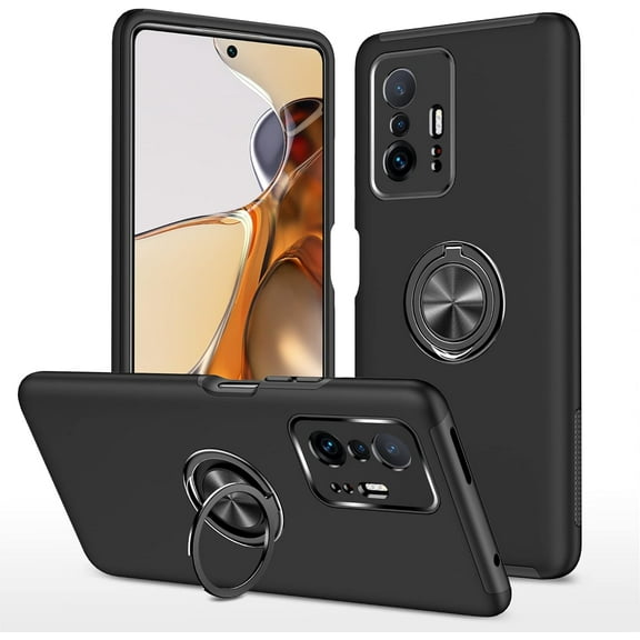 Case for Xiaomi 11T/11T Pro, Dual Layer Hard Military Phone Case with 360 Degree Ring Stand Silicone Bumper (Camera Protection) Magnetic Car Holder Protective Phone Cover Protector - Black