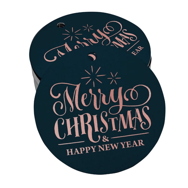 Inkdotpot Pack Of 100 Real Rose Gold Foil Paper Tags Merry Christmas & Happy New Year Text Favor Hang Tags
