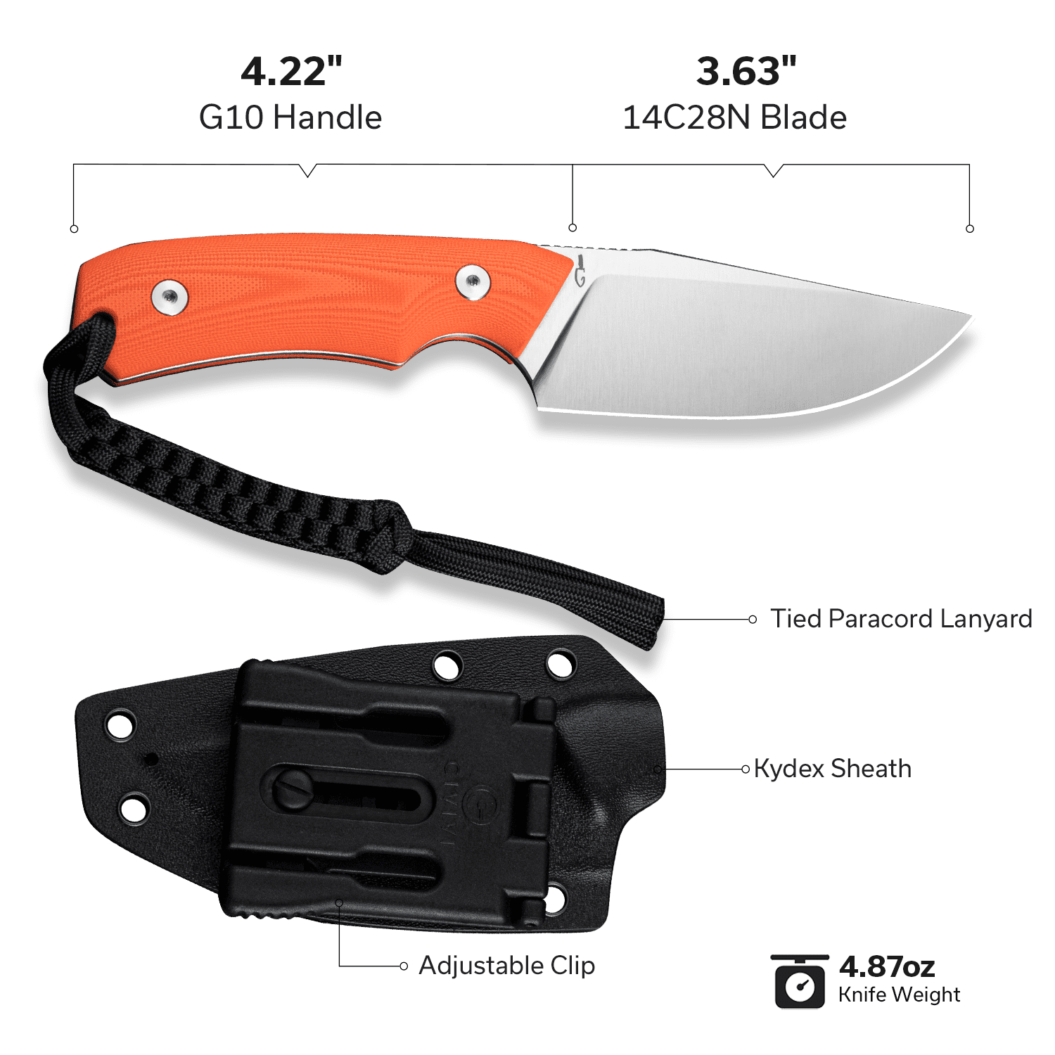 CIVIVI Knives Gander Fixed Blade Orange G10 & 14C28N Stainless Steel Knife C24058B-1