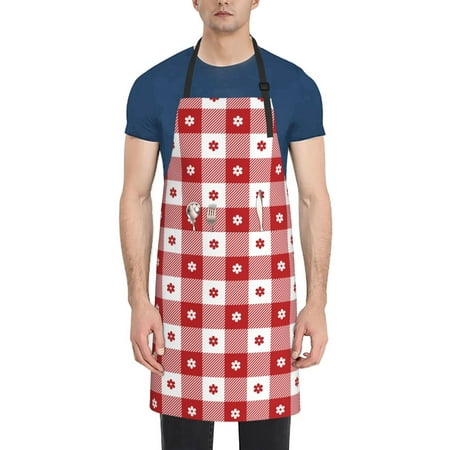 

Adobk Aprons Adjustable Bib Aprons with 2 Pockets Cooking Kitchen Chef Apron for Women and Men-Men-Red Plaid Daisy