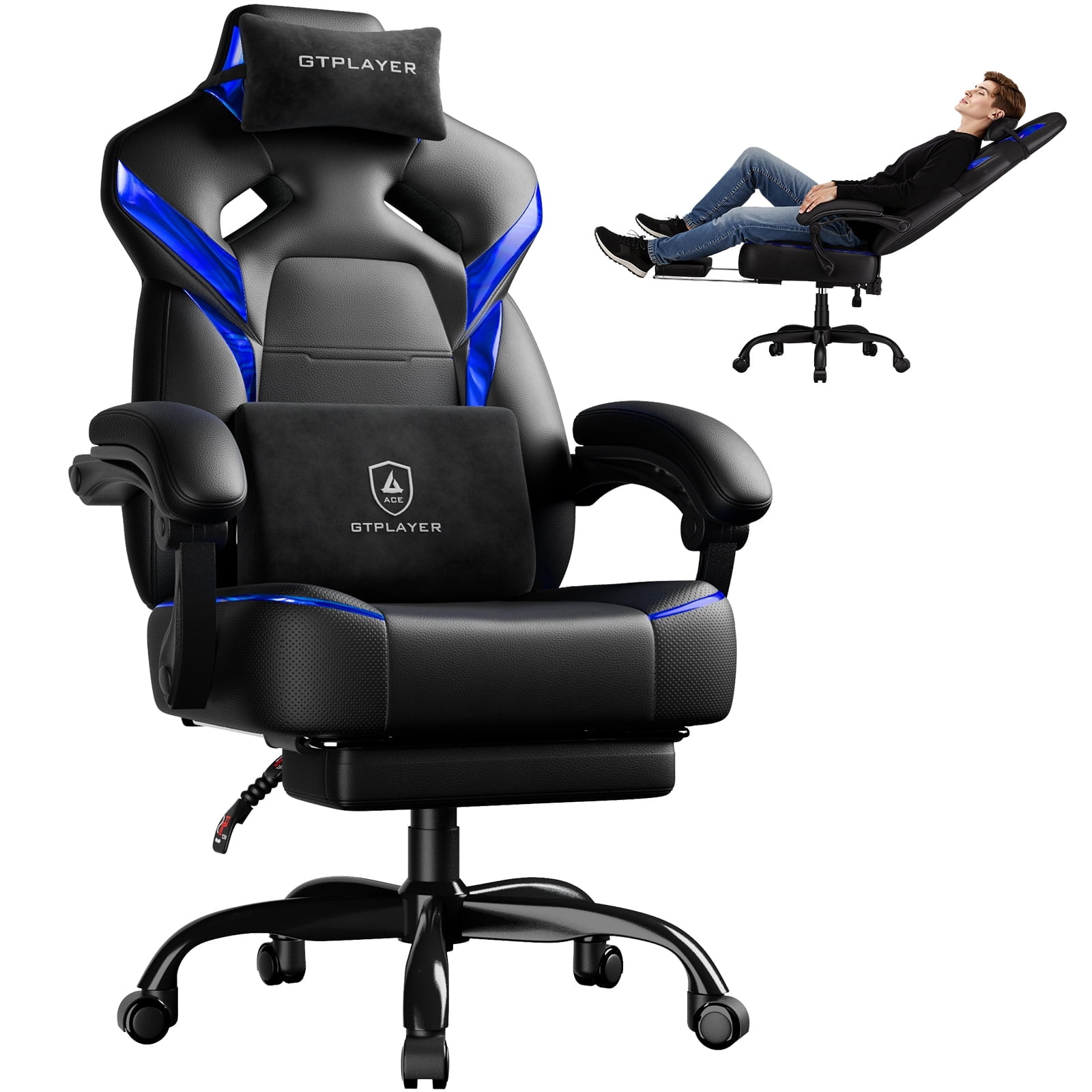 GTPLAYER Gaming Chair Office Chair PU Leather with Adjustable Headrest and Lumbar Pillow, Blue