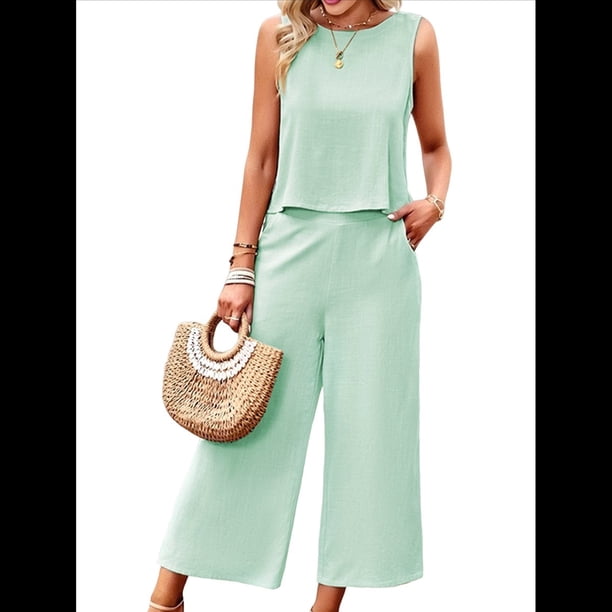 Conjunto de Dos Piezas de Verano para Mujer: Top Corto Sin Mangas con Cuello Redondo y Pantalones Anchos con Bolsillos. Verde L