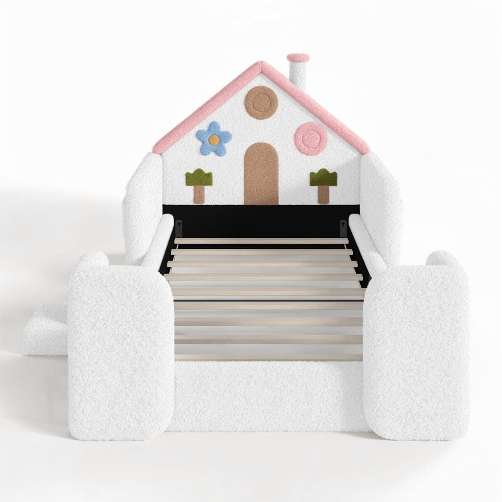 Twin Size Kids Floor Bed with House Shaped Headboard, Upholstered Teddy Fabric Child Storage Platform Bed Frame with Pocket