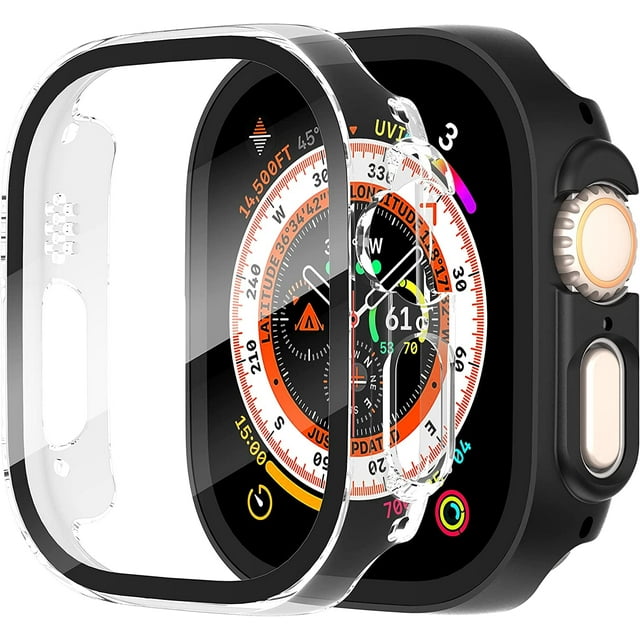 KOMI 2-Pack for Apple Watch Ultra/Ultra 2 49mm PC All-Around Screen Protector Case, Tempered Glass Screen Protector Case Ultra-Thin for iWatch Ultra/iWatch Ultra 2 49mm Protection Cover Black+Clear