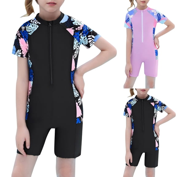 RTKFRFLM Girls Short Sleeve One Piece Swimsuit Zipper Back Athletic Boyleg Bathing Suit for Big Kids Summer Pool Wear