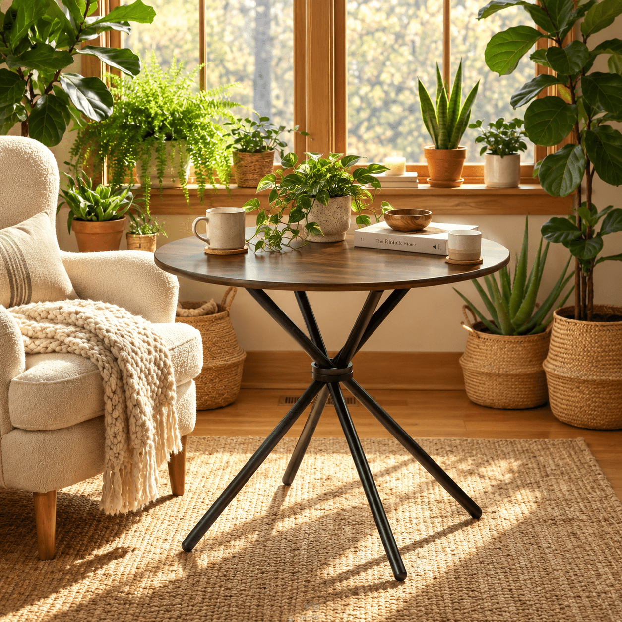 Homy Casa 31.5 in Round Dining Table for 2-4, Small Space Kitchen Table with Metal Legs, Walnut Brown