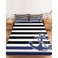 thumbnail image 2 of Twin Sze Fitted Sheet Set - Anchor Black 2 Piece Bedding Sets 16" Deep Pocket Fitted Sheet with 1 Pillowcase, Modern Navy Blue White Striped Nautical Brushed Microfiber Hotel Luxury Bed Sheets, 2 of 9
