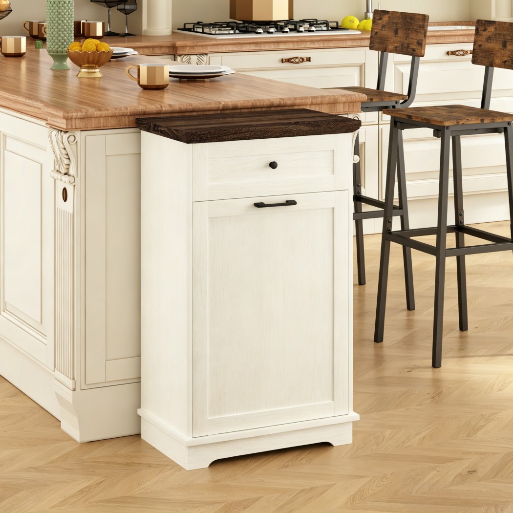 10 Gallon Tilt Out Trash Cabinet, Freestanding Garbage Can Storage with Drawer, Kitchen Recycling Cabinet, Antique White Trash Bin Holder, Antique White