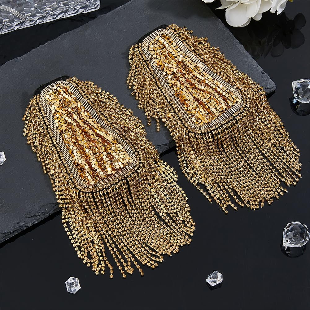 2Pcs DIY Fashion Iron Chain Tassel Epaulettes Cloth Shoulder Badge with Alloy and Rhinestone Finding Golden 200x70x7mm