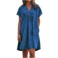 thumbnail image 2 of Idoravan Summer Dresses for Women Clearance Women's Fashion Cotton and Linen V-neck Loose Short Sleeve Solid Mini Dress, 2 of 8