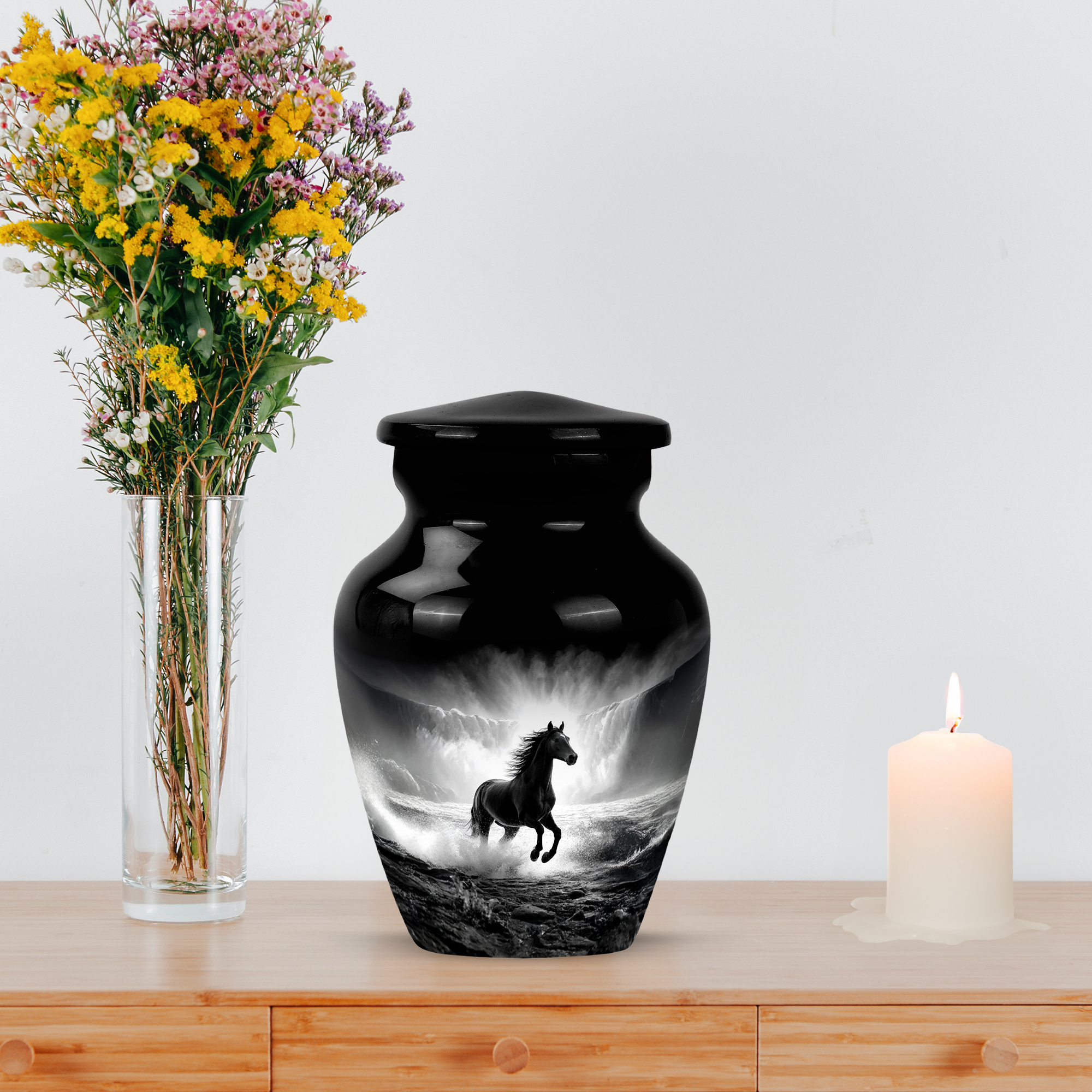 MUKTIVE Waterfall Tiny Cremation Urns for Adult Male, Mini Black Burial Urn for Ashes for Women, Keepsake Horse Memorial Decorative Funeral Ash Urns for Human, 3 Inch