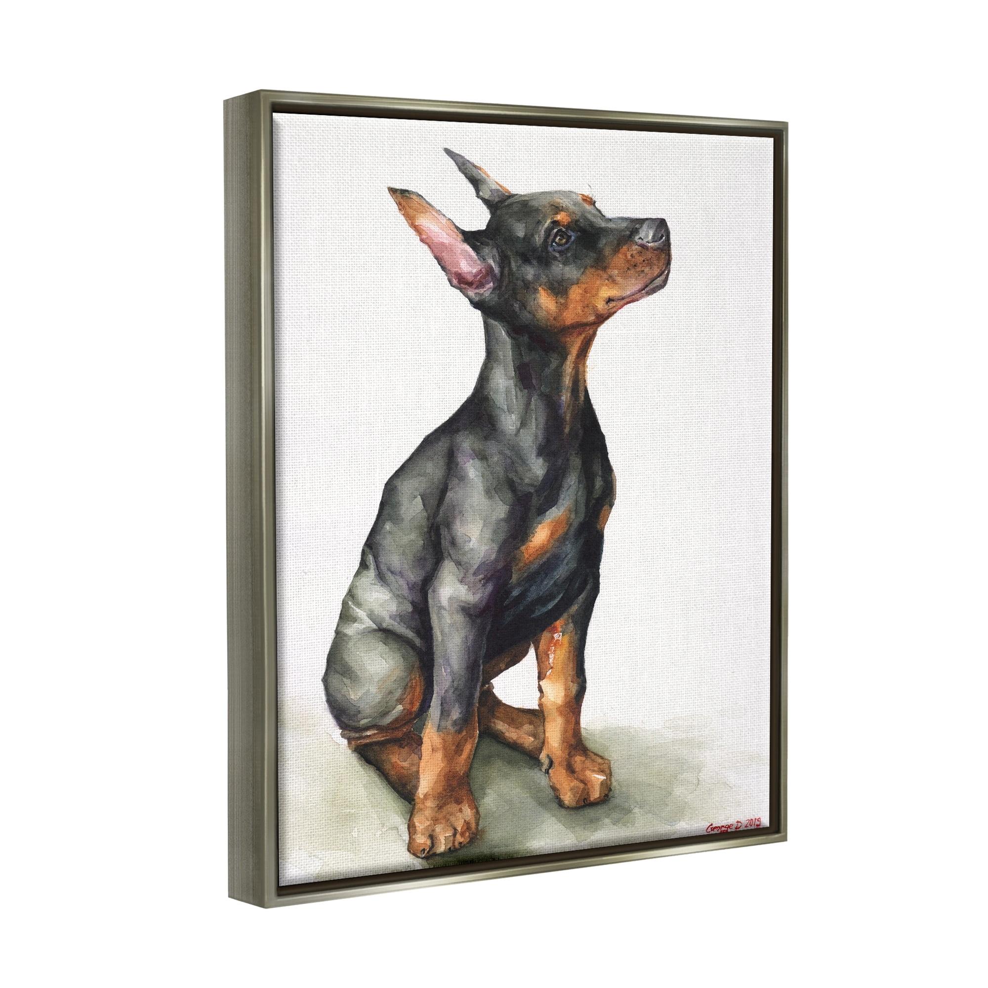 Stupell Industries Doberman Puppy Dog Pet Animal Watercolor Painting Luster Gray Framed Floating Canvas Wall Art, 24x30, by George Dyachenko