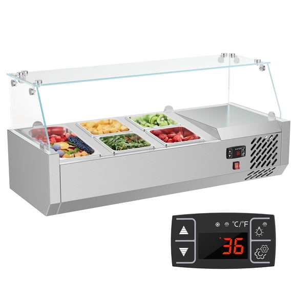 XUTUMM 40 inch Sandwich Prep Table 304 Stainless Steel Body, Salad Bar Prep Tempered Glass Shield，Refrigerated Condiment Prep Station